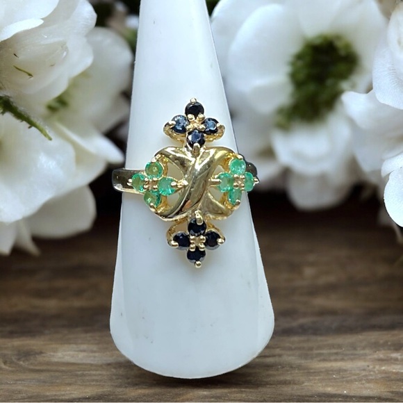 🌺Vintage 18K/925 Genuine Emerald & Sapphire Ring - Picture 1 of 11